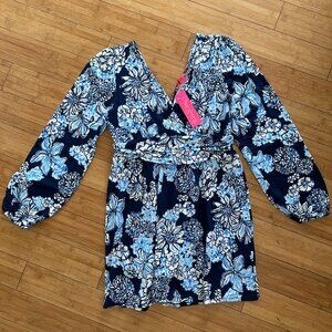 Lilly Pulitzer Riza Long Sleeve Romper/Low Tide Navy Bouquet All Day/Sz L